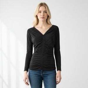 Guess Black Runched V-Neck Zipper in Back Long Sleeve Blouse
